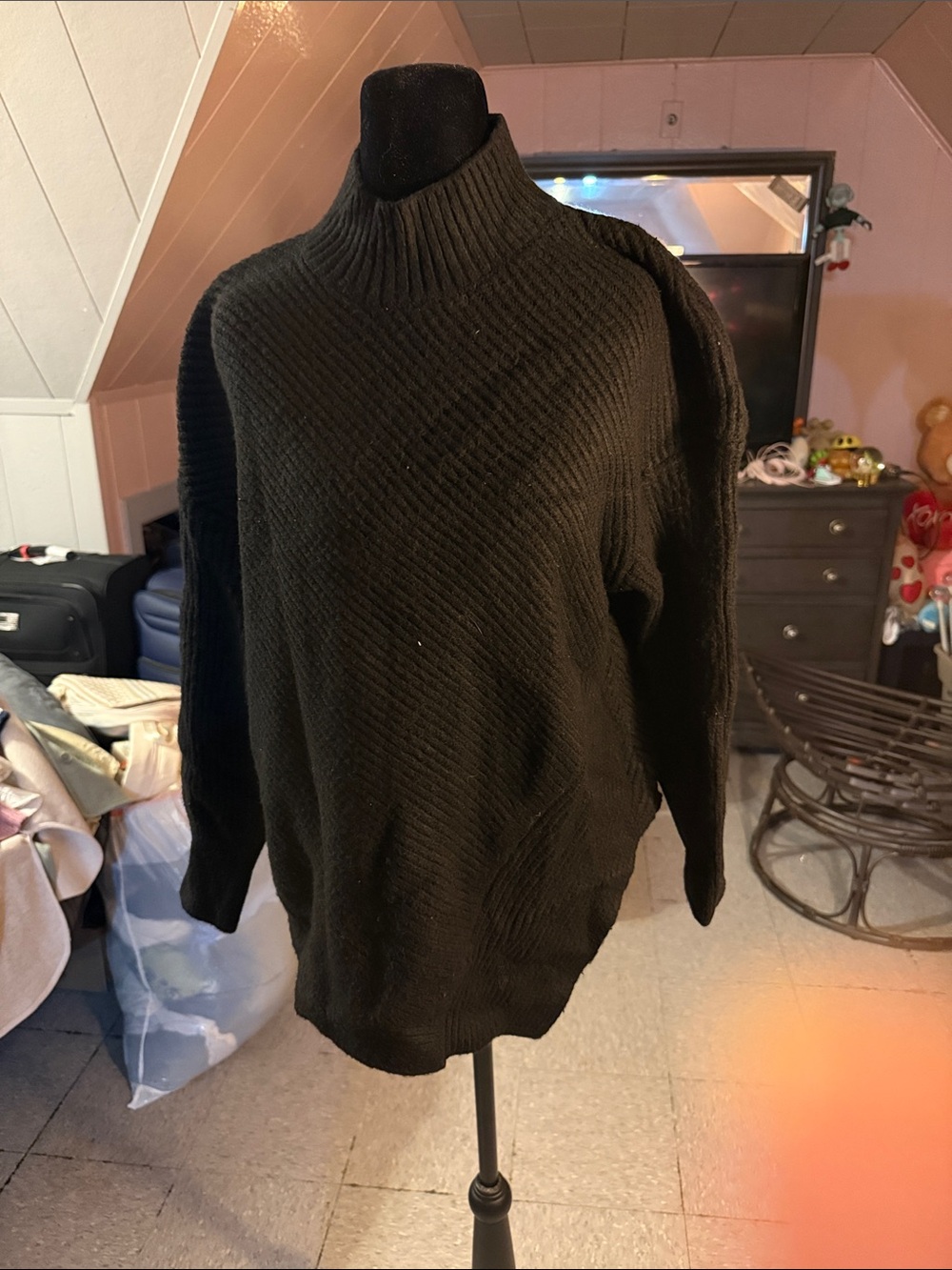 Express Black Ribbed Mock Neck Sweater, Asymmetrical Hem Tunic Pullover, Size S